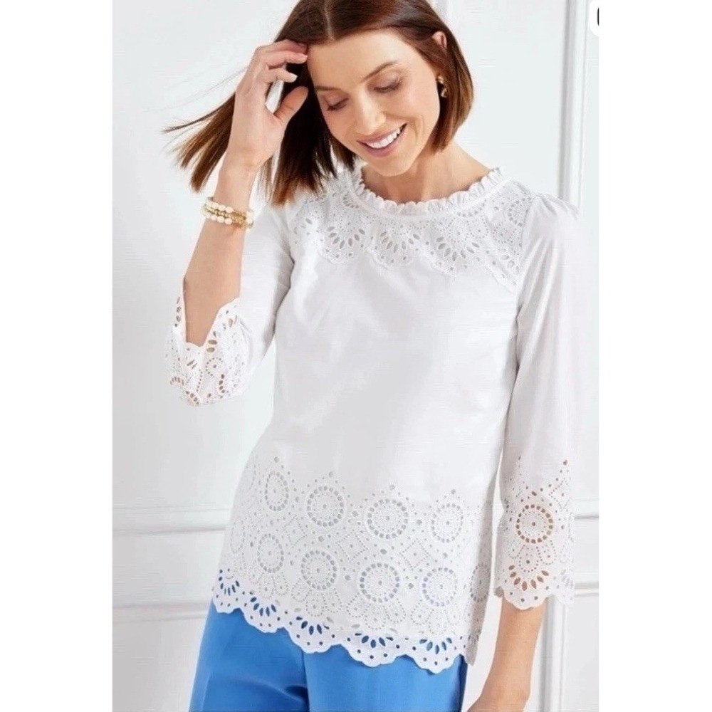 Cottagecore Talbots White Eyelet Embroidered Scallop Hem Cotton Blouse 2X Lined